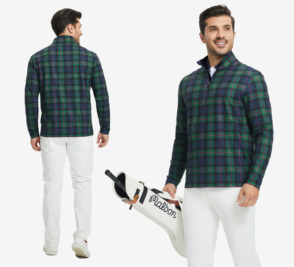 Front and back view combined in one shot, model carrying golf bag, wearing dark plaid pullover.