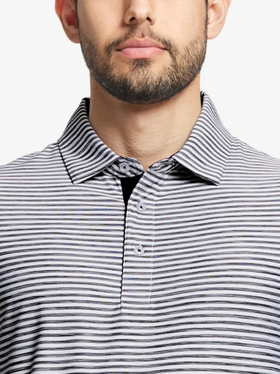 Close-up from nose to chest showing BLACK WHITE Unique Watercolour Stripe Polo’s fluid stripe pattern