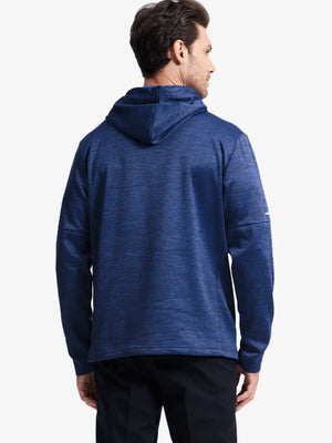 Another half-body front pose showing relaxed fit and casual style of the COBALT HEATHER hoodie