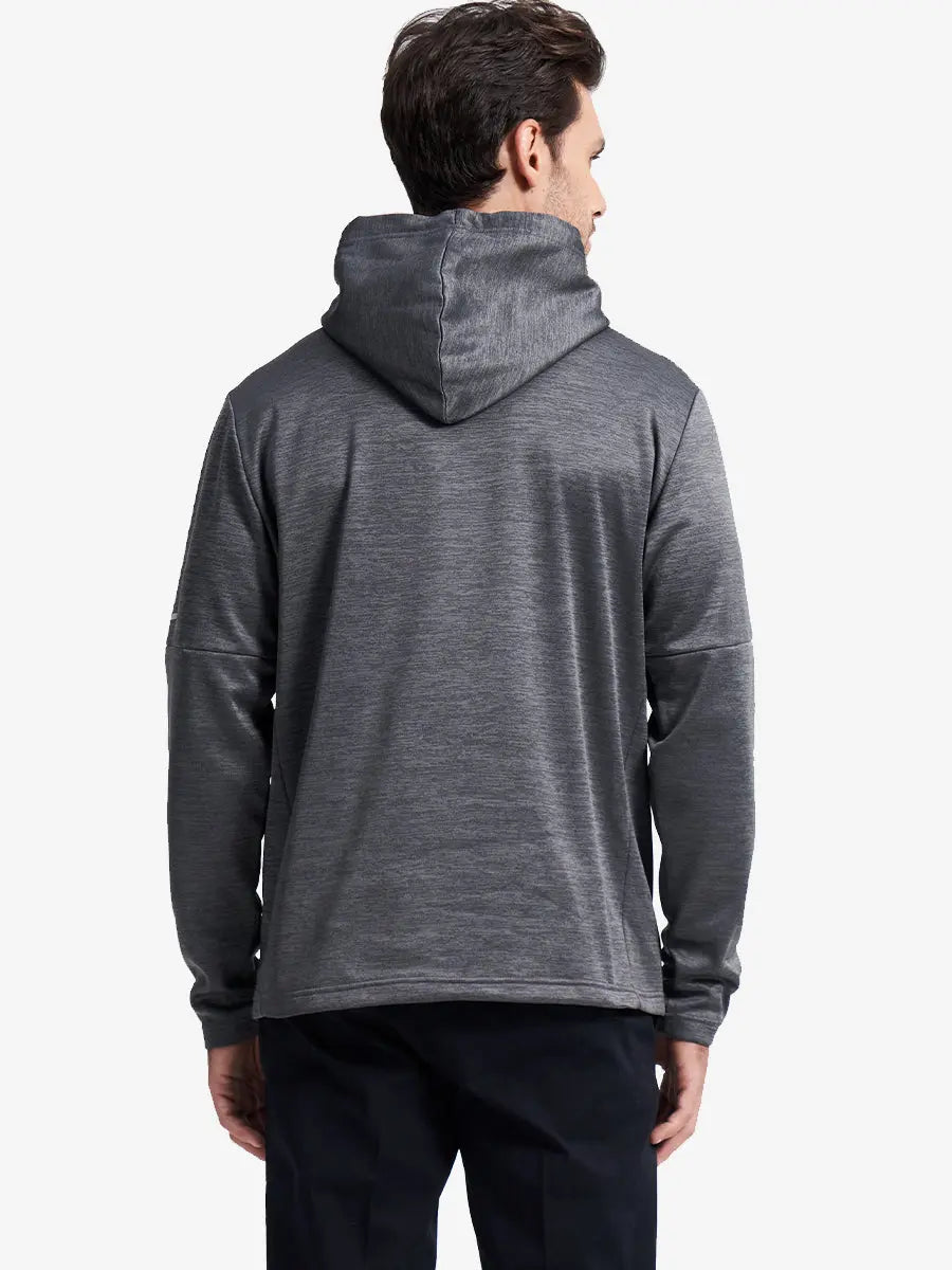 Front half-body pose showcasing casual style of Neutral Grey Heather hoodie pullover