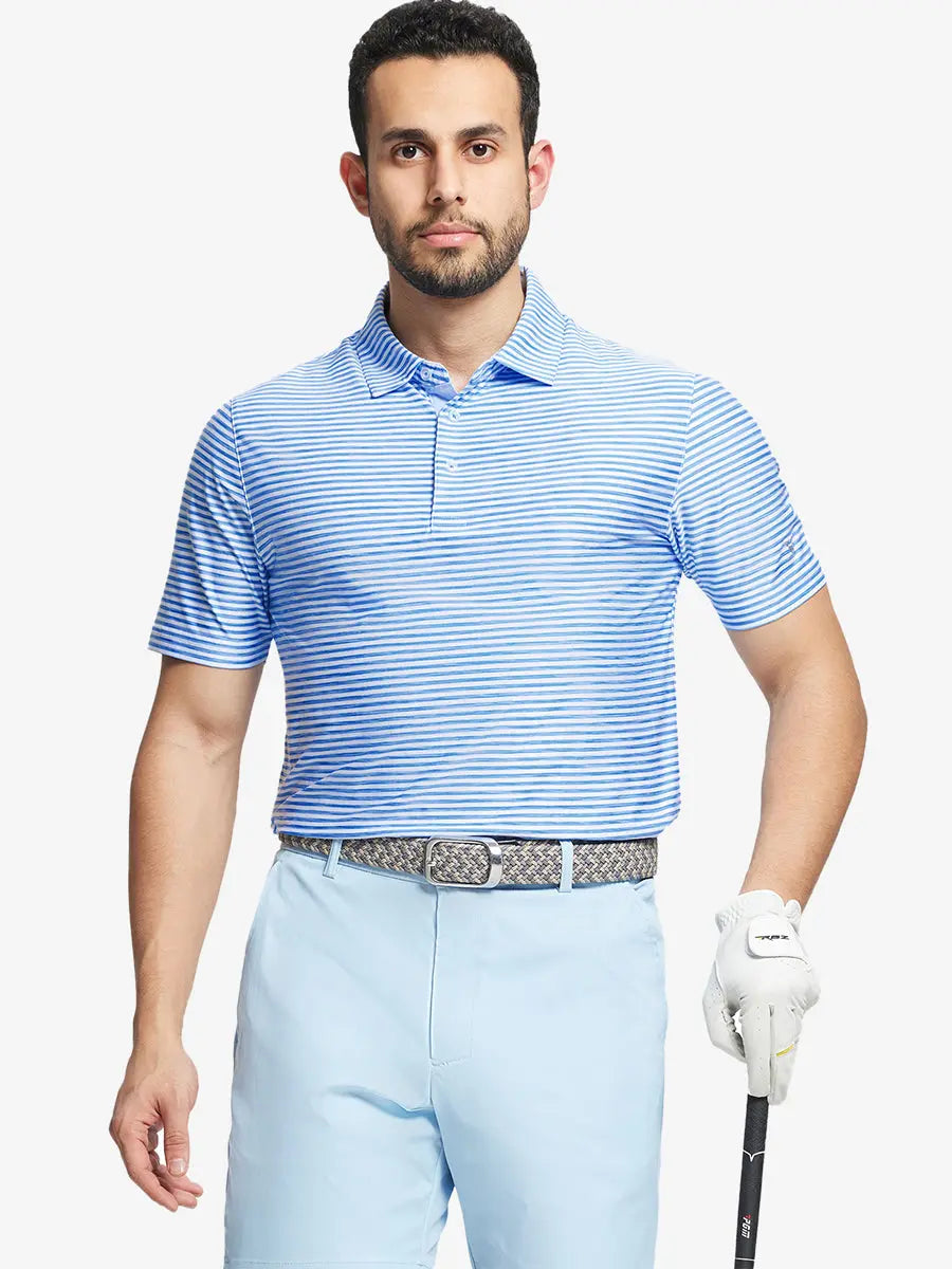 Half-body front view holding club in POWDER BLUE WHITE Unique Watercolour Stripe Polo