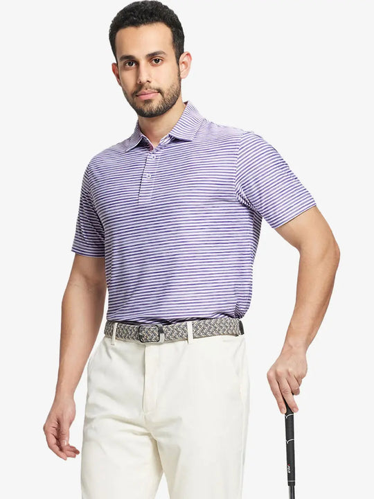 Front half-body shot with golf club, styled in PURPLE WHITE polo with artistic striped accents