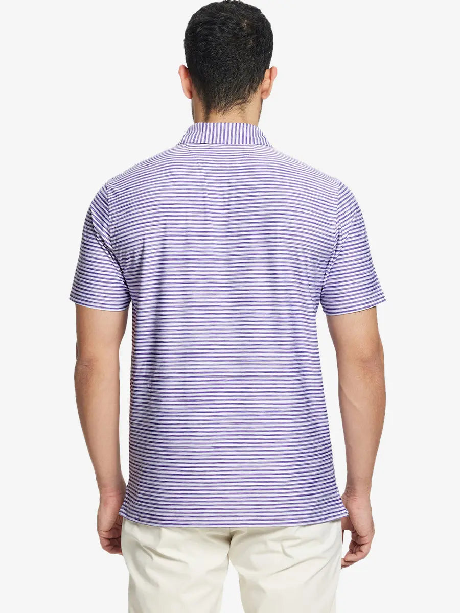 Back half-body view of PURPLE WHITE polo featuring soft brushstroke textures in purple hues