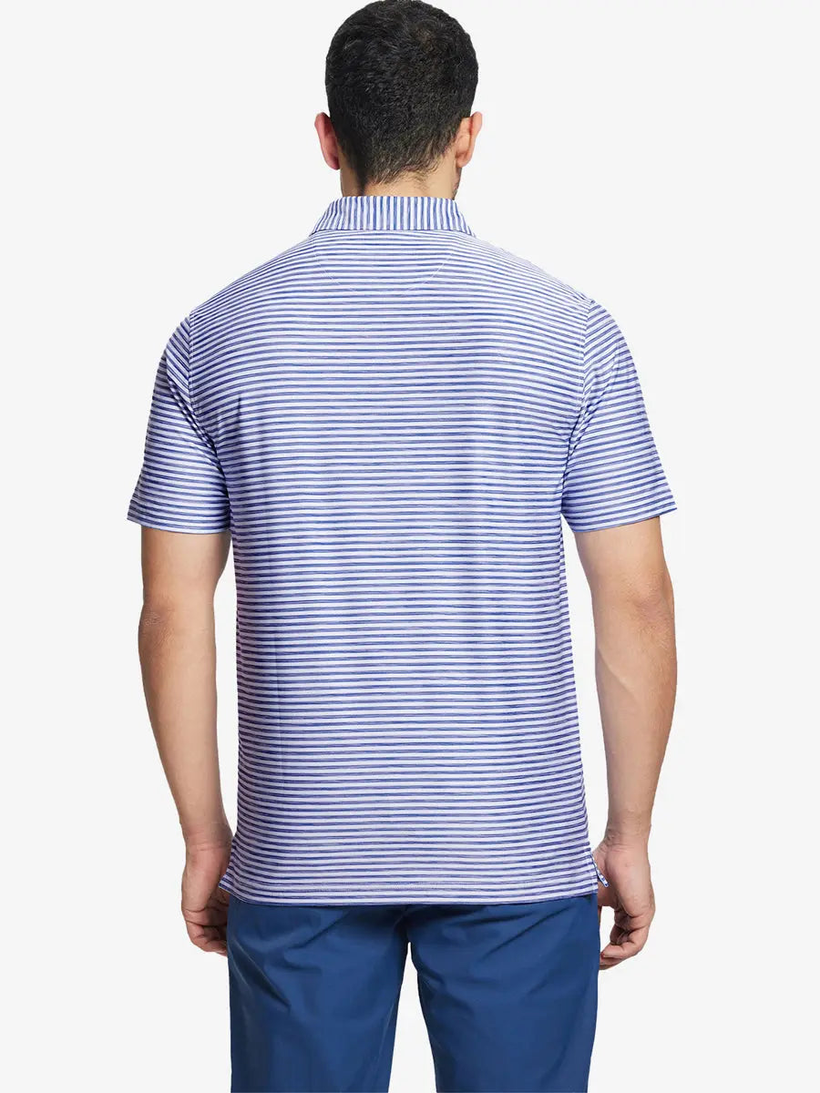 Back half-body view showing graceful stripes on BLUE WHITE Unique Watercolour Stripe Polo
