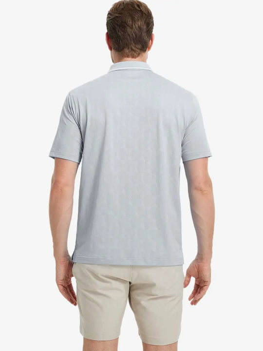Back half-body view of Modern Texture Stylish Polo in LIGHT GREY worn by model.