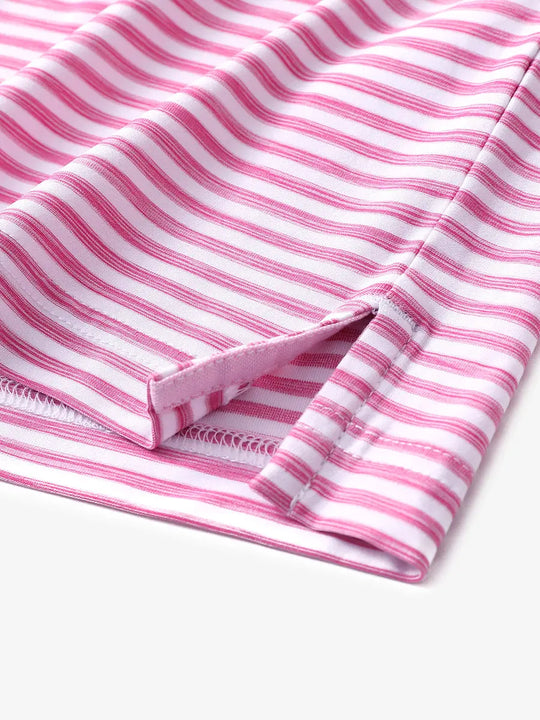 Close-up of hem slit detail on ROSE WHITE Unique Watercolour Stripe Polo