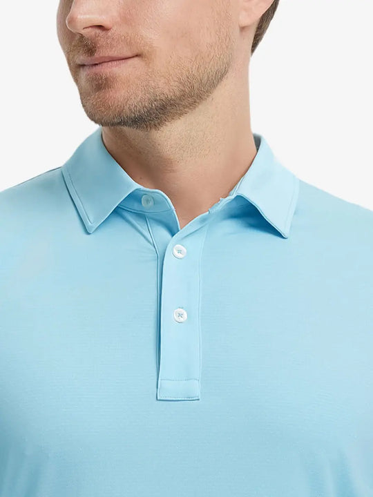 Close-up front shot from nose to chest of model wearing LIGHT BLUE 4 Way Stretch Jacquard Polo