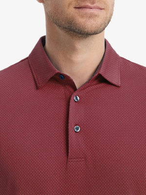 Close-up front shot from nose to chest of model wearing WINE 4 Way Stretch Jacquard Polo