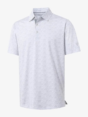 3D view of MAELREG Performance Jersey Print Polo in White Grey Sea Wave – breathable golf fabric