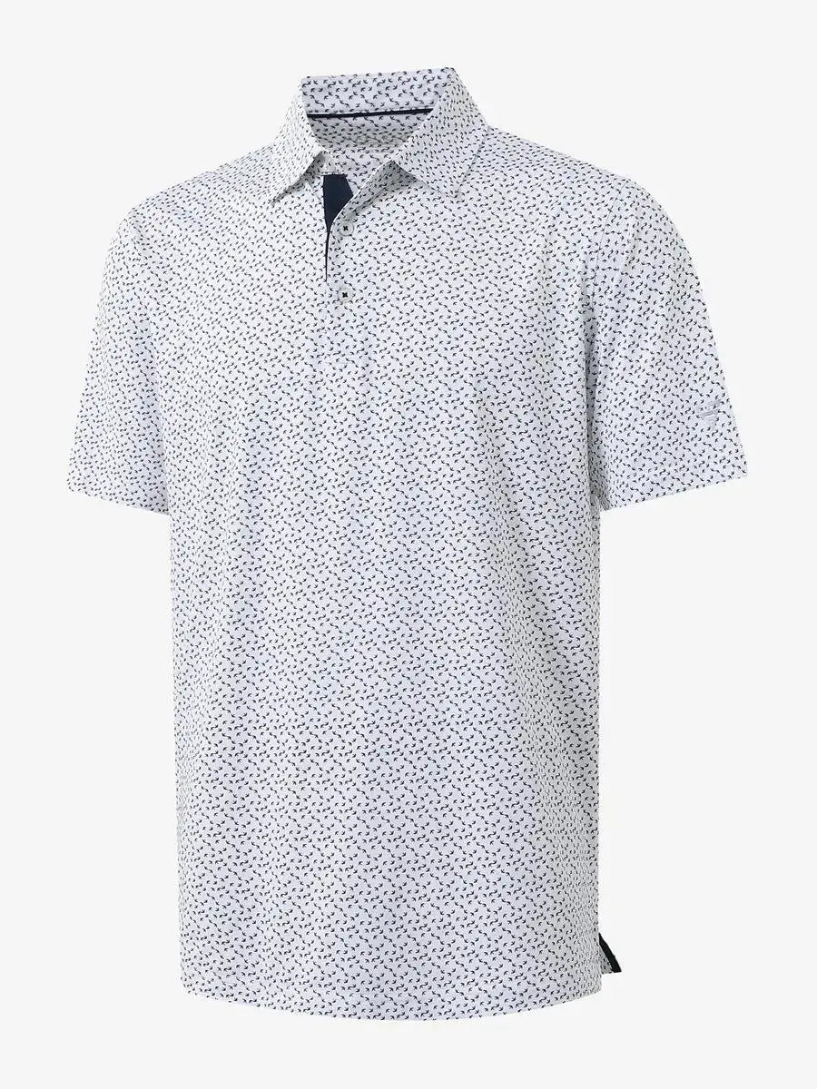 3D view of MAELREG Performance Jersey Print Polo in White Navy Swallow – breathable golf fabric