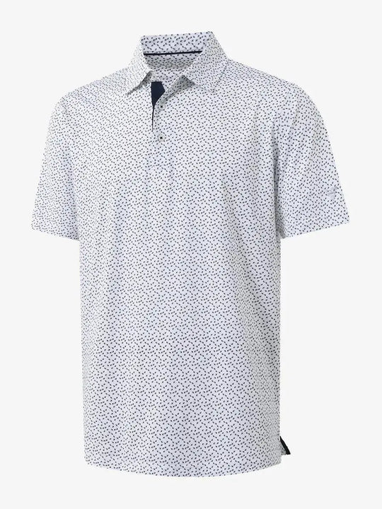 3D view of MAELREG Performance Jersey Print Polo in White Navy Swallow – breathable golf fabric