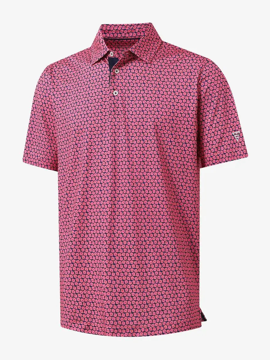 3D view of MAELREG Performance Jersey Print Polo in Rose Flower – breathable golf fabric
