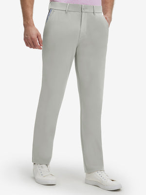 Front lower body shot of model wearing silver gray breathable casual slacks with 4 pockets