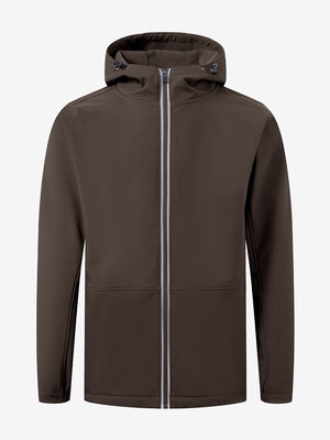 Reflective hooded softshell jacket in coffee brown, clean 3D front view highlighting modern design.