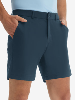 Front lower body shot of model wearing the navy stretch soft flat front dress golf shorts, showcasing the fit