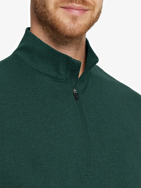 Front close-up from nose to chest, TURQUOISE HEATHER Quarter Zip Melange Pullover with soft textured fabric.