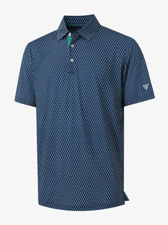 3D view of MAELREG Performance Jersey Print Polo in Green Seahorse – breathable golf fabric