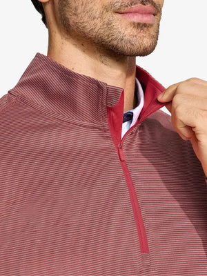 Front view from nose to chest of model wearing Pinstripe Quarter Zip Pullover – BRICK MELANGE