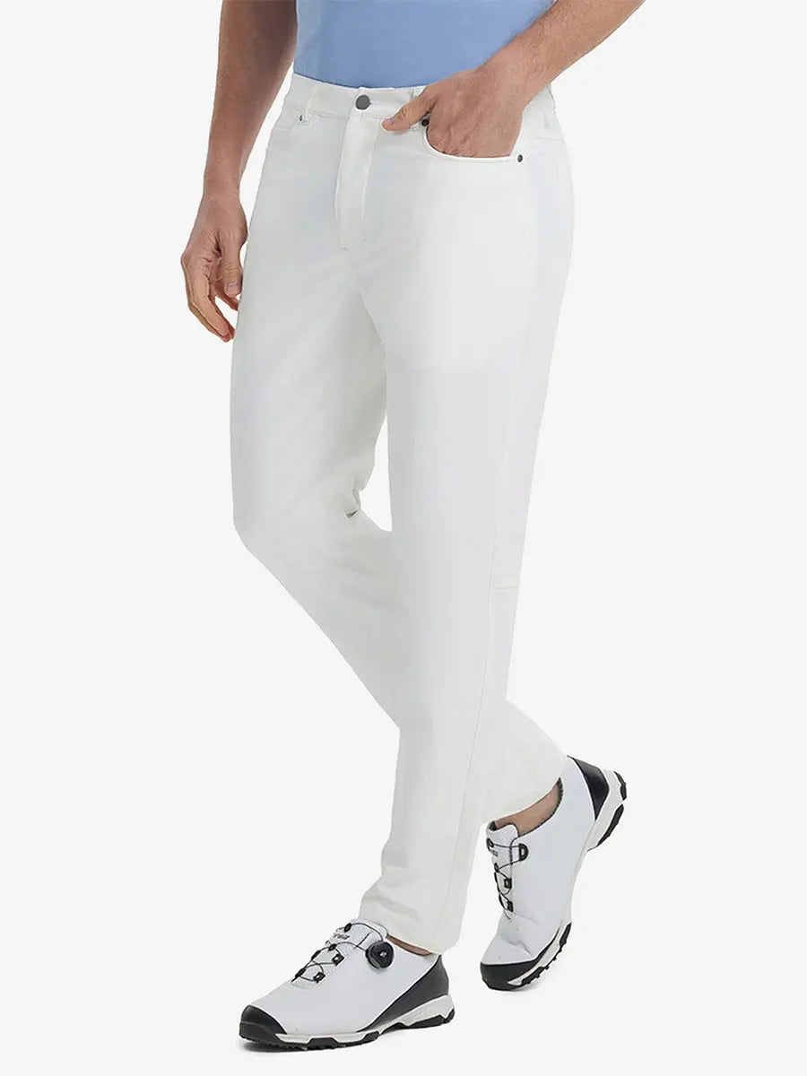 Front view of model wearing Stretch Plain Everyday Pants, athletic fit and minimal look – WHITE