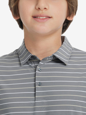 Front upper collar view of kids stylish stripe polo shirts, neat placket in neutral stripe tone