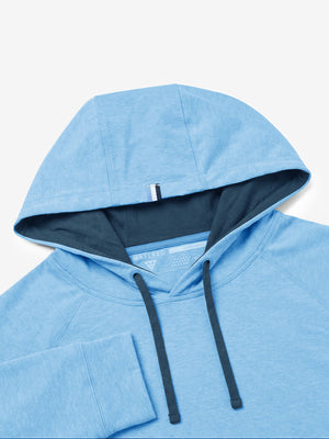 Close-up detail of hood structure, heather midlayer golf hoodies in blue heather