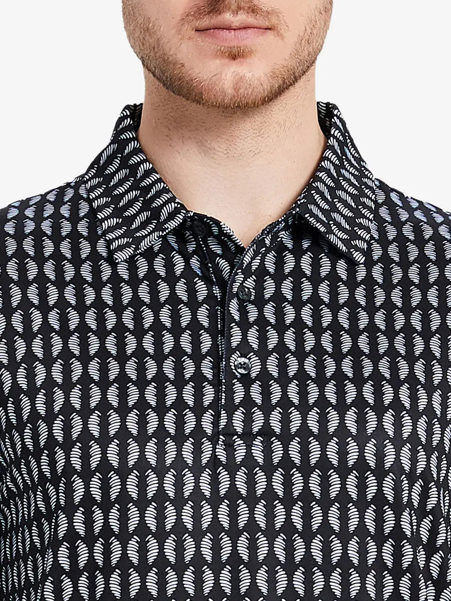 Front half-body view from nose to chest of model wearing BLACK WHITE TWISTER Performance Quick Dry Print Golf Polo.
