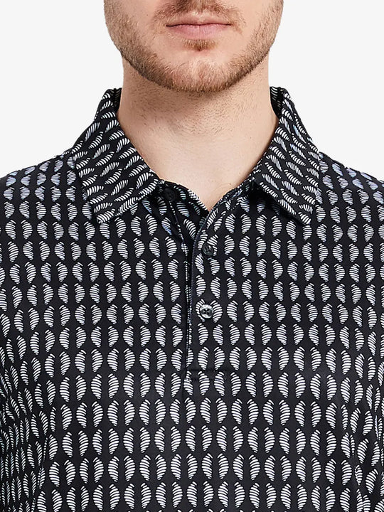 Front half-body view from nose to chest of model wearing BLACK WHITE TWISTER Performance Quick Dry Print Golf Polo.