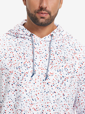 Upper front collar detail of trendy print fleece hoodies, neat stitching with white polka dots accent