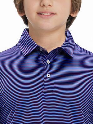 Front view of youth wearing plum blue stripe performance cooling polo, showing collar and chest fit