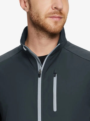 Model wearing the dark grey windproof golf vest, showcasing its functional design and stylish pockets.