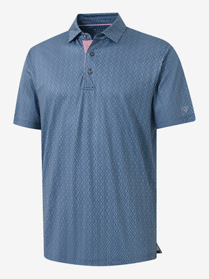 Front 3D view of Performance quick dry print golf polos in light blue navy circles, clean athletic design