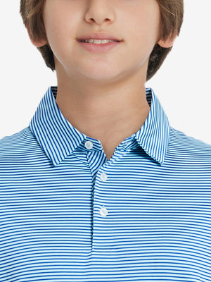 Collar close-up of Kids stripe golf polos with neat trim and aqua stripe detail