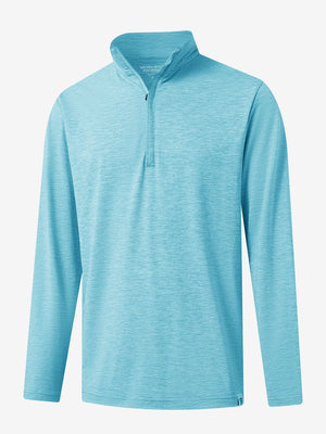 Heather Pinstripe Brushed Dry Fit Quarter Zip Pullover in aquarius heather, 3D front chest view with quarter zip design