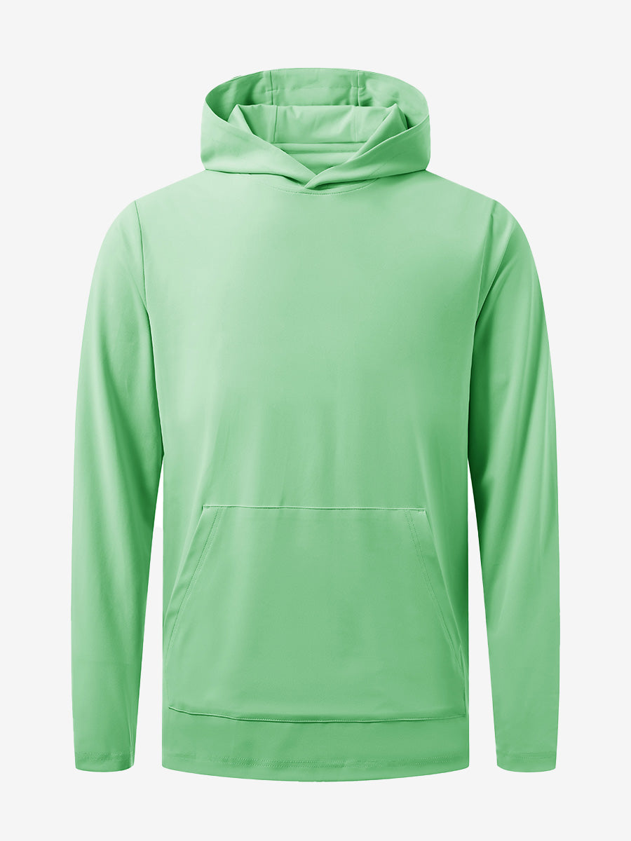 3D front view of youth long sleeve hoodied with kangaroo pocket in light green, showing clean design.