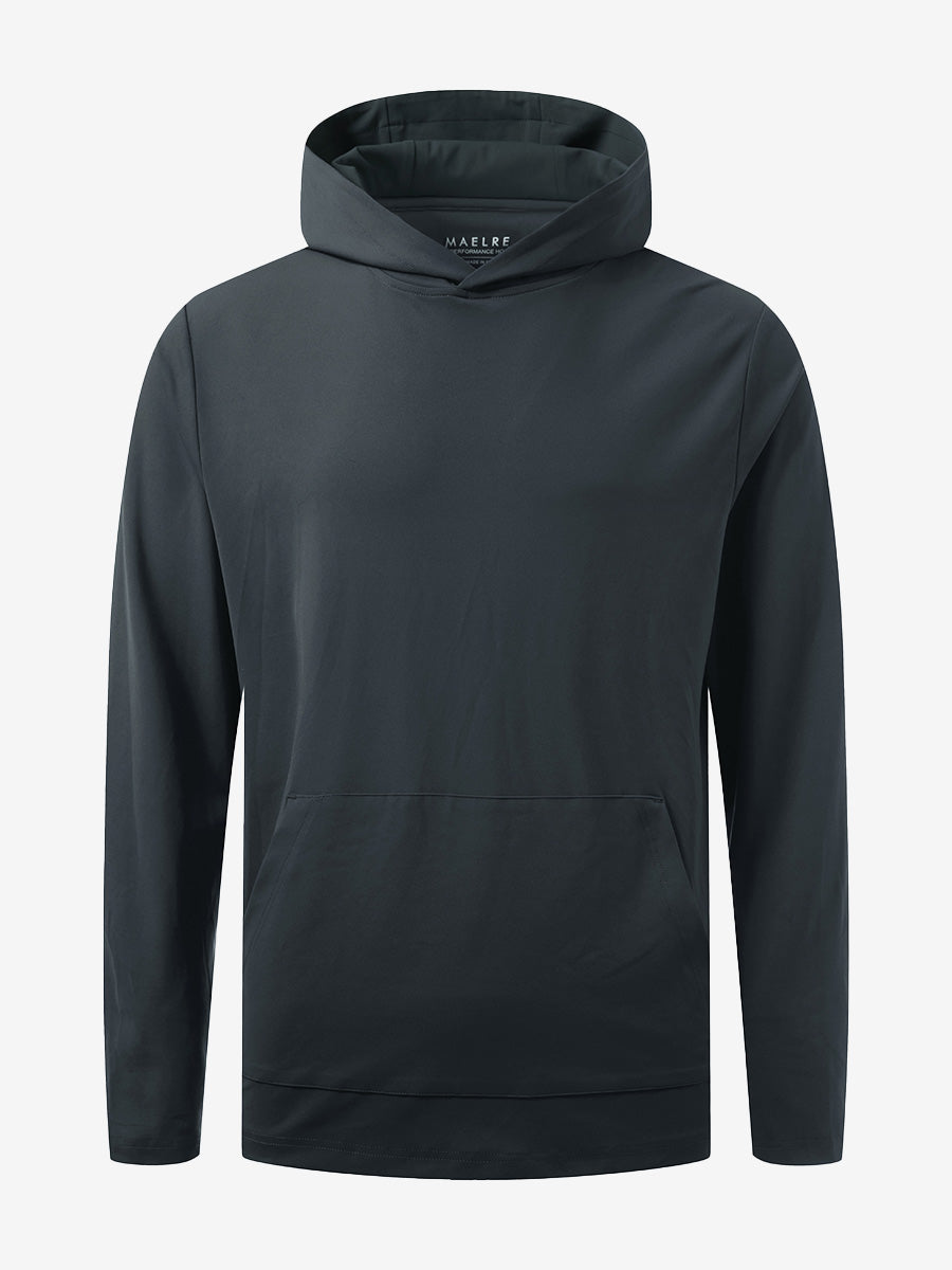 3D front view of youth long sleeve hoodied with kangaroo pocket in dark grey, showing clean design.