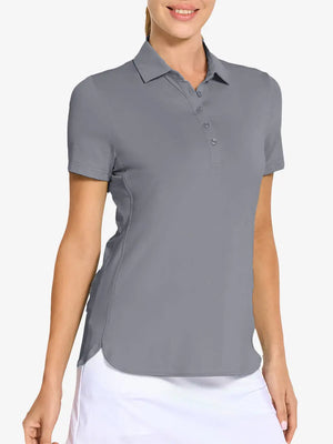 Front view from nose to hem of model wearing LIGHT GREY Women's Performance Solid Polo with skirt