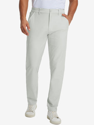 Lightweight flat front casual trousers in silver grey, front lower-body view with a clean tailored fit.