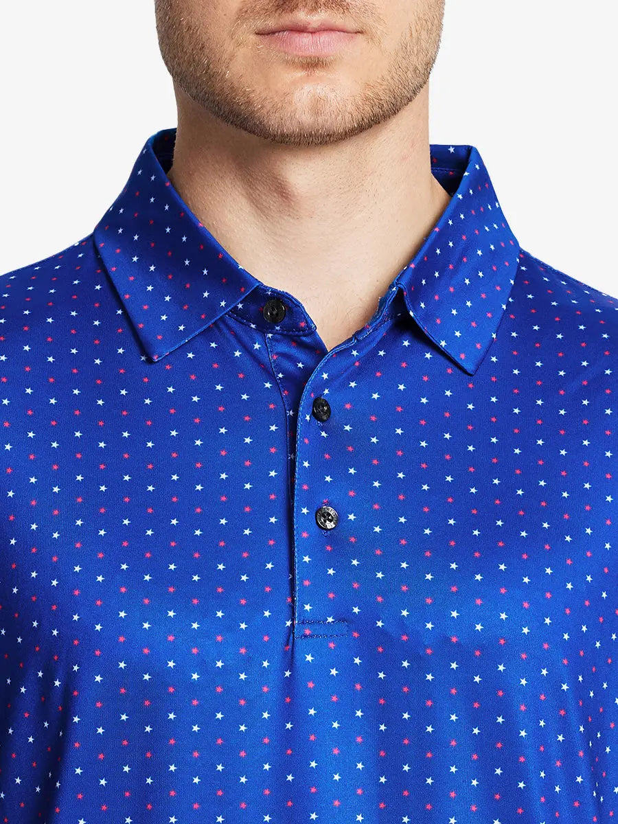 The star-spangled pattern design highlights patriotic feelings and sporty style, suitable for golf course wear that shows personality and confidence.