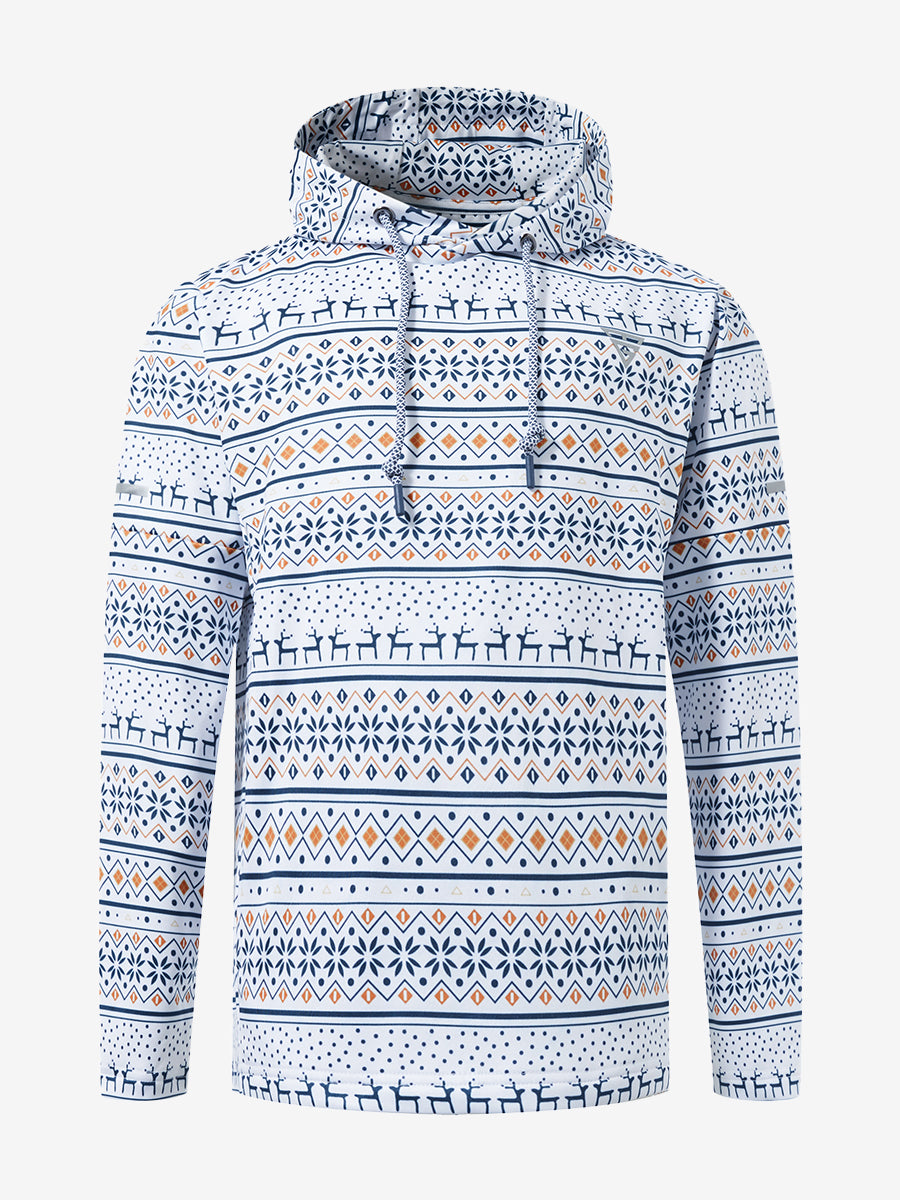 Front 3D view of youth full print hoodies pullover showing detailed fabric and fit, christmas snowflake.