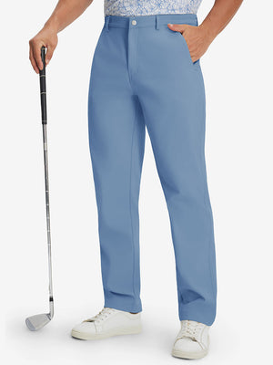 Front lower body shot of model wearing thermal water repellent fleece dress pants in misty blue