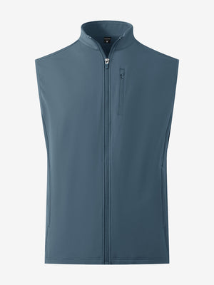 Water-resistant fleece golf vests in bluish grey, front 3D view highlighting clean structure and fabric