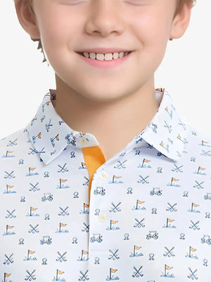 Close-up front view from nose to chest of boy wearing WHITE GOLF Performance Print Boys Golf Polo