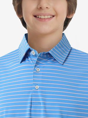 Front collar upper body of youth performance golf polos, clean neckline and sky blue/pink stripe detail