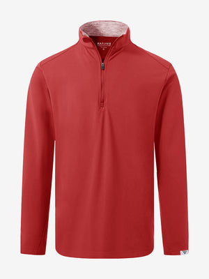 Front 3D view of Fleece lined golf quarter zip in red with structured design