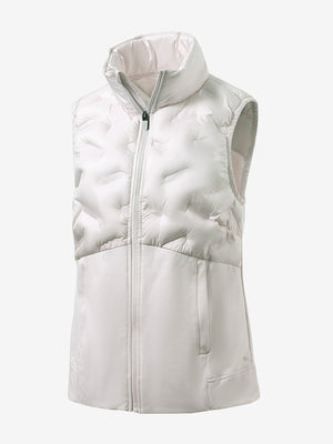 Women's lightweight slim-fit puffer vest in oyster grey, front 3D view with clean quilt lines