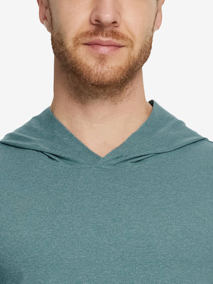 Detailed look at the collar of the Athletic Golf Hoodie, showing fabric texture in Aqua Heather.