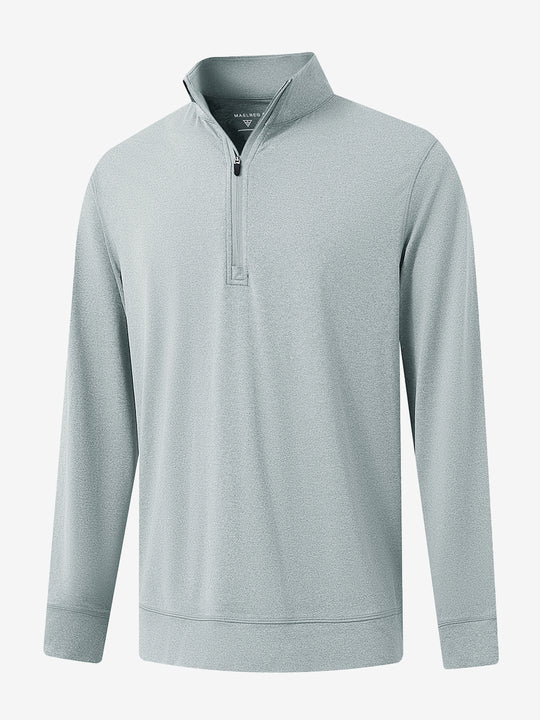 Front 3D image of quarter zip melange pullover in lunar rock melange, showing texture and details.