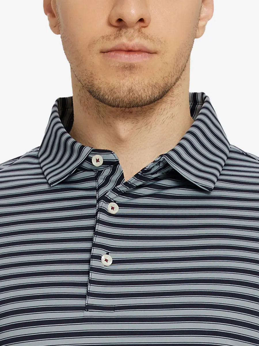 Upper chest close-up featuring the Navy Grey Yarn Dyed Stripe Polo – from nose to chest view