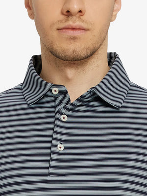 Upper chest close-up featuring the Navy Grey Yarn Dyed Stripe Polo – from nose to chest view