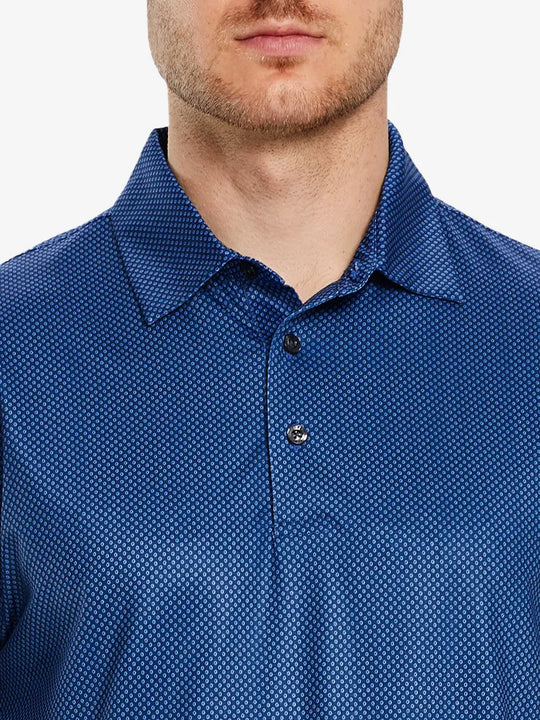 Front half-body view from nose to chest of model wearing BLUE CIRCLE Performance Quick Dry Print Golf Polo.